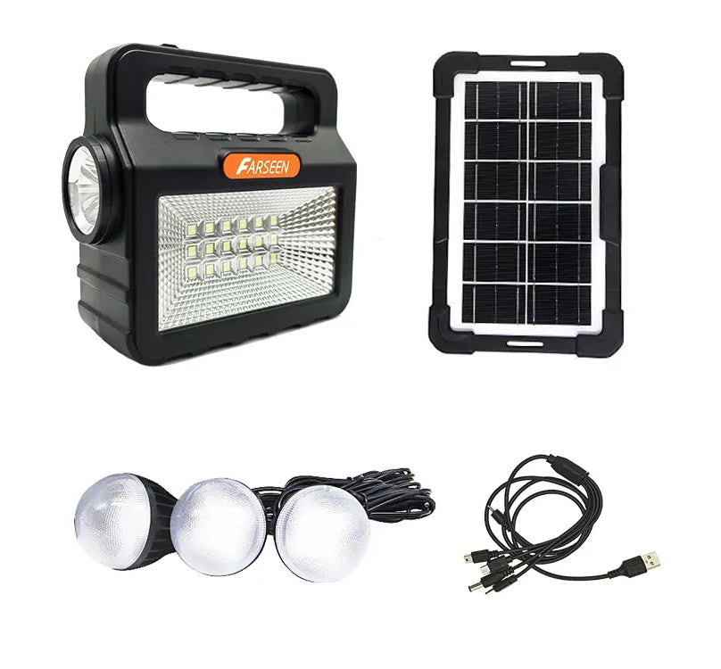 Portable outdoor solar kit including a solar panel, LED bulb, radio, and charging cables, with a carrying case.