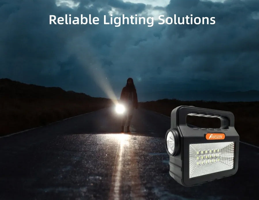 Portable outdoor solar kit including a solar panel, LED bulb, radio, and charging cables, with a carrying case.